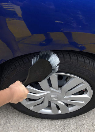 Wheel & Tire Brush for Car Rim, Soft Bristle Car Wash Brush, Cleans Tires & Releases Dirt and Road Grime, Short Handle for Easy Scrubbing Black