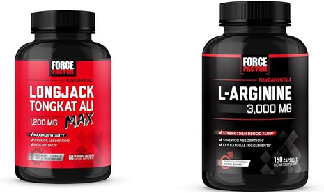 Force Factor Longjack Tongkat Ali Max Men's Vitality, L-Arginine Nitric Oxide for Muscle Building, 60+150 Capsules