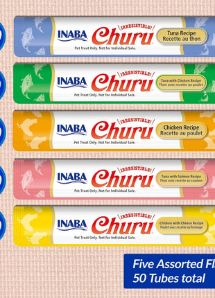 INABA Churu Cat Treats, Lickable, Squeezable Creamy Purée Cat Treat with Green Tea Extract & Taurine, 0.5 Ounces Each Tube, 50 Tubes, Tuna & Chicken Variety