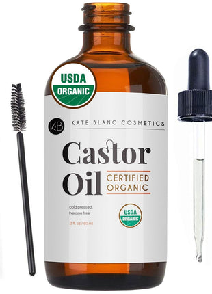 Kate Blanc Cosmetics Castor Oil Organic for Hair, Lashes, Face (2oz), 100% Pure, Cold Pressed, Hexane Free. Eyelash Serum for Thicker-Looking Eyelashes & Eyebrows