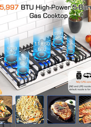 30 Inch Gas Cooktop, 5 Burner Dual Fuel Built-in Stove Top, Stainless Steel Propane/Natural Gas Cooktop with Thermocouple Protection, NG/LPG Convertible for Safe & Efficient Cooking
