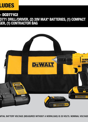 DEWALT 20V Max Cordless Drill/Driver Kit, 2 Batteries and Charger Included (DCD771C2)