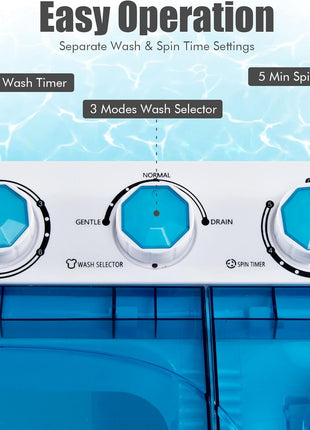 COSTWAY Portable Washing Machine, Twin Tub 26lbs Capacity Laundry Washer, 18lbs Washer and 8lbs Spinner Combo with Timer Knobs, Built-in Drain Pump, Compact Washer for Home Dorm Apartment, Blue+White