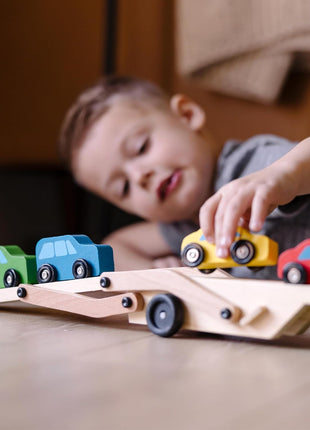 Melissa & Doug Car Carrier Truck and Cars Wooden Toy Set with 1 Truck and 4 Cars 5.75inch x 12inch x 3inch