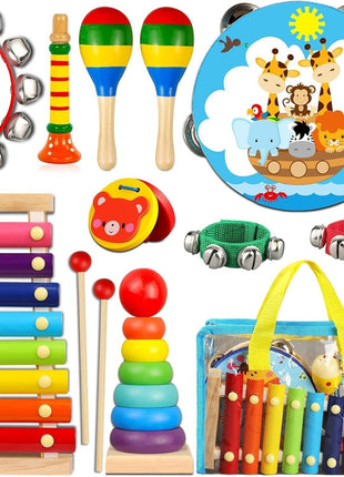 LOOIKOOS Toddler Musical Instruments,Wooden Percussion Instruments for Kids Preschool Educational Musical Toys Set Boys and Girls with Carrying Bag