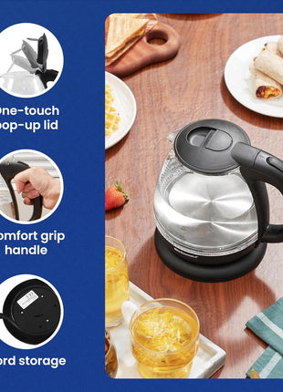 Elite Gourmet EKT1001 1.0L Glass Kettle, 1100W, Cordless Base, Black | BPA-Free Glass, Blue LED Interior, 360° Base, Auto Shut-Off Function, Quickly Boil Water for Tea & More