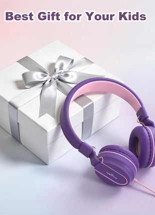 Kids Headphones, Wired Headphones for Kids On Ear with Microphone, 93dB Volume Limiter Headphone for Girls Boys, Foldable Lightweight Headphone for School Learning & Entertainment, Pink Purple