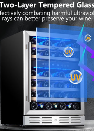 Kalamera 24 inch Wine Cooler, 37 Bottle Dual Zone Built-in or Freestanding | Wine Fridge with Stainless Steel Reversible Glass Door, for Home, Kitchen or Office