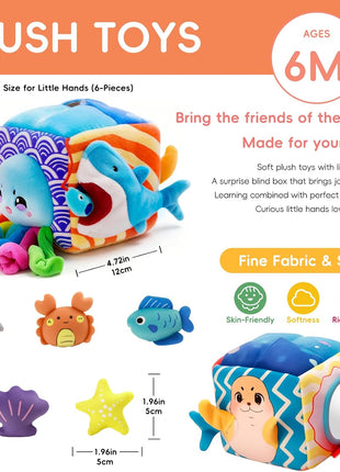 Baby Toys 6-12 Months, Montessori Sensory Toys with 5 Plush Sea Animals | Soft Mystery Box with Crinkle,Squeaky,Rattle & Mirror for Fine Motor Play & Multi-Sensory Learning,Gifts for Infants & Babies