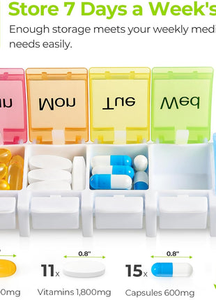 AUVON Weekly Pill Organizer Arthritis Friendly, BPA Free Travel 7 Day Pill Box Case with Spring Open Design and Large Compartment to Hold Vitamins, Cod Liver Oil, Supplements and Medication