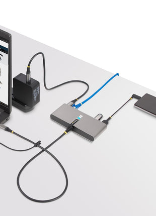 StarTech.com 2-Port USB-C Hub with Gb Ethernet and RS232 FTDI Serial, Attached USB-C to USB-A Dongle, 100W PD Pass-Through, 2X USB-A 5Gbps