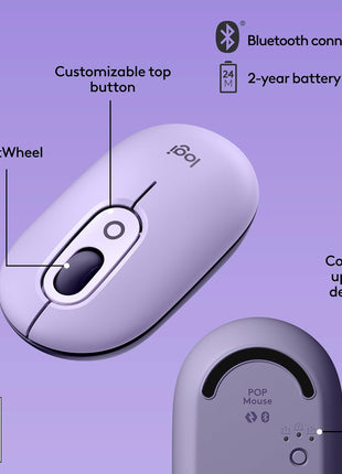 Logitech POP Mouse, Compact and Portable Wireless Bluetooth Mouse with Programmable Buttons and Quiet Clicks, Easy-Switch Between up to 3 Devices, Laptop, Tablet, PC - Cosmos