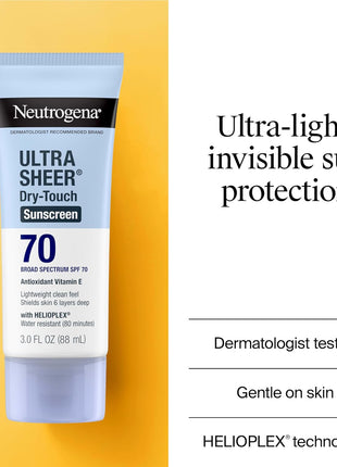 Neutrogena Ultra Sheer Dry Touch Sunscreen Lotion, SPF 70, 3 fl. oz | Broad Spectrum for UVA/UVB Protection, Lightweight, Water-Resistant up to 80 Minutes, Oxybenzone-Free