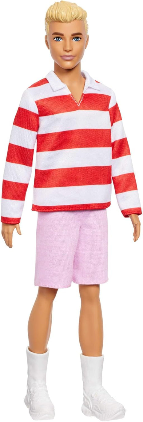 Barbie Fashionistas Ken Doll #241 with Blonde Hair | Wearing Red and White Striped Polo Shirt with Pink Shorts, White Crew Socks and Sneakers