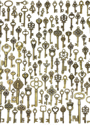 125 PCS Vintage Skeleton Key Set Charms, JIALEEY Mixed Antique Style Bronze Brass for Pendant DIY Jewelry Making Wedding Party Favors