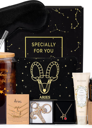 13PCS Aries Birthday Gifts for Women, Aries Zodiac Gifts for Women Baskets, Get Well Gifts for Woman Friends Female Friendship, Ari Astrological 16 oz Glass Cups with Gift Set Box