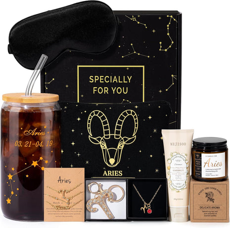 13PCS Aries Birthday Gifts for Women, Aries Zodiac Gifts for Women Baskets, Get Well Gifts for Woman Friends Female Friendship, Ari Astrological 16 oz Glass Cups with Gift Set Box