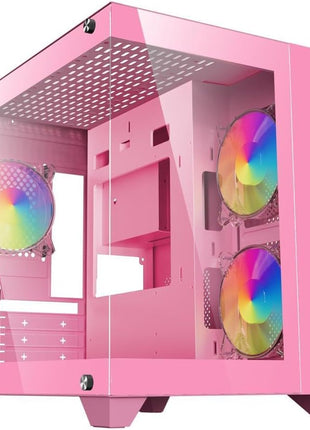 DIYPC ARGB-Q1.V2-P Pink USB3.0 Tempered Glass Micro ATX Gaming Computer Case w/Dual Tempered Glass Panel and 3 x ARGB 120mm Fans (Pre-Installed)