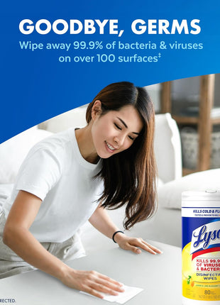 Lysol Disinfecting Wipes, Multi-Surface Cleaner, Lemon, 80 ct. | All Purpose Cleaner, Sanitizing, Deodorizing, Apartment Essentials, Back To School Cleaning Supplies, Kitchen & Bathroom Wipe