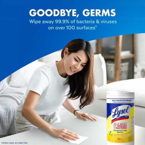 Lysol Disinfecting Wipes, Multi-Surface Cleaner, Lemon, 80 ct. | All Purpose Cleaner, Sanitizing, Deodorizing, Apartment Essentials, Back To School Cleaning Supplies, Kitchen & Bathroom Wipe
