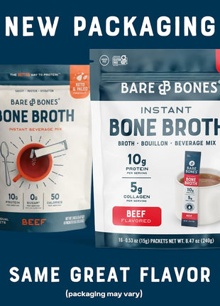 Bare Bones Beef Bone Broth Instant Powdered Mix Packets | 5g Collagen | 10g Protein | Keto & Paleo Friendly | No Artificial Flavors | Rich Savory on-the-go 16 Pack