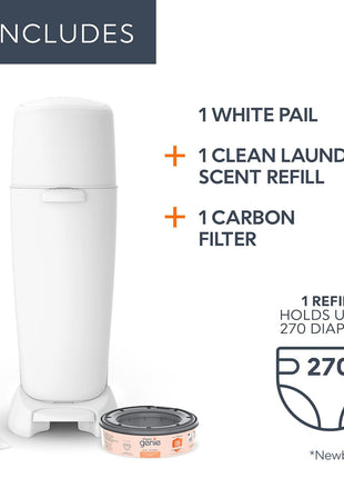 Diaper Genie Complete Diaper Pail (White) – Includes 1 Refill (Holds 270 Newborn Diapers) & 1 Carbon Filter