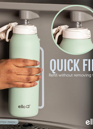 Ello Pop & Fill 22oz Stainless Steel Water Bottle with Quick Fill Technology, Double Walled and Vacuum Insulated Metal, Leak Proof Locking Lid, Sip and Chug, Reusable, BPA Free, Pistachio
