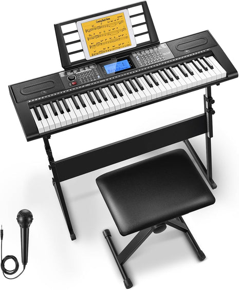 Donner 61 Key Keyboard Piano, Electric Piano Keyboard Kit with 249 Voices, 249 Rhythms   Includes Piano Stand, Stool, Microphone, Gift for Beginners, Black (DEK 610S)