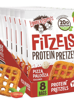 Lenny & Larry's FITZELS Protein Pretzels (Pizza Palooza) 8 Individual Bags 3 oz Each – High Protein Snacks with 20g of Plant Based Protein – Healthy Vegan Pretzels – Delicious Salty Taste