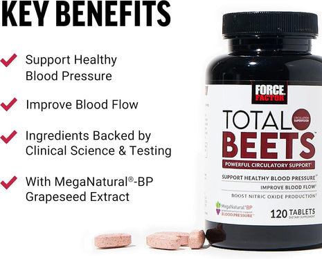 Force Factor Total Beets Blood Pressure Support & Nitric Oxide Supplement | with Grape Seed Extract and Non GMO Beet Root Powder for Heart Health, Circulation & Blood Flow, 120 Tablets
