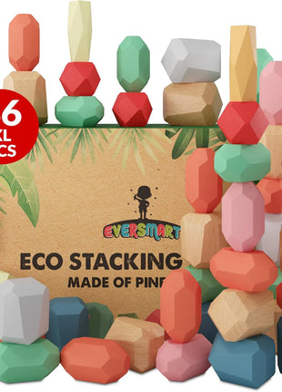 36 Pcs Wooden Stacking Blocks – Montessori Toys for 1 2 3 4 5 6 Year Old Toddlers and Kids, XL Rocks, No Choking Hazard – Sensory STEM Building Stones, for Girls and Boys