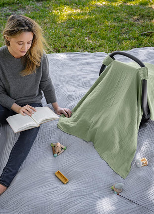 Comfy Cubs Baby Car Seat Cover - Soft, Breathable Bamboo Rayon and Muslin Cotton Blend - Lightweight Canopy for Sun, Bug, and Comfort Protection - Large Size Infant Seat Cover in Sage Design