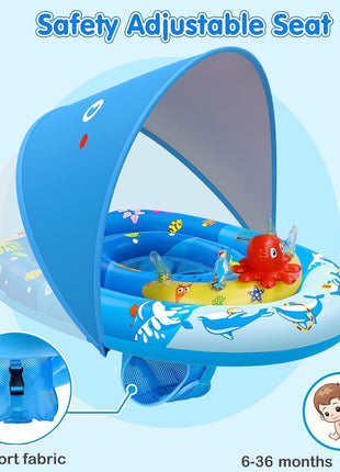 EZIGO Baby Pool Float Canopy UPF50+, Kids Floats for 6-36 Months Boys Girls | 120° Adjustable Sun Protection Toddler Swim Float with Squeaky Toys, Dual Air Chambers & Infant Baby Floatie with Safety Seat