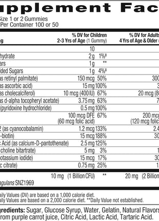 OLLY Kids Multivitamin & Probiotic Gummy, Digestive Support, Vitamins A, D, C, E, B, Zinc, Chewable Supplement, Berry Flavored, 50 Day Supply - 100 Count