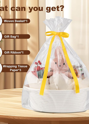 OIAHOMY Gift Basket with Handle, Small Woven Basket with Gift Bag, Ribbon and Wrap Tissue Paper, Nursery Bins Empty to Fill with Small Items, Baby, Pet Toy Organizer - White