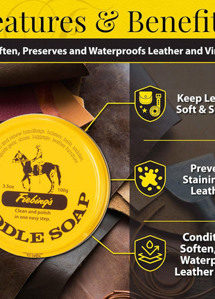 Fiebing's Yellow Saddle Soap for Leather (3.5 oz Tin) - Leather Cleaner & Conditioner to Soften, Protect & Restore Leathercraft - Leather Soap for Car Seat, Couch, Shoe, Purse, Boot, Bag, & Saddles