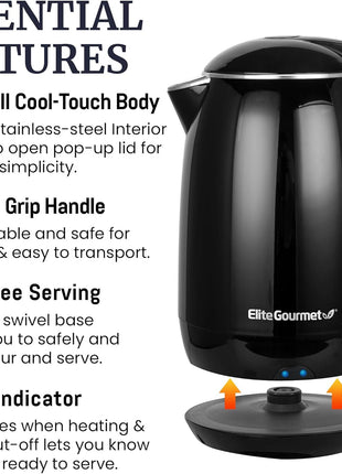Elite Gourmet EKT1821 1.8L Cool-Touch Kettle, 1500W Stainless Steel, Black | Double Wall Insulated, Stainless Steel Interior & Lid, 360° Swivel Base, Power-On Lever, Auto Shut-Off & Boil-Dry Protection