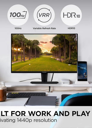 ViewSonic VS2725-2K 27 Inch QHD 1440p Monitor with 100Hz, HDMI, DisplayPort, and Variable Refresh Rate for Home and Office