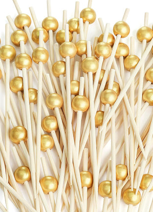 200PCS Cocktail Picks, Fancy Toothpicks for Appetizers, Decorative Bamboo Skewers for Appetizers Drinks Fruit, 4.7 Inch Long Wooden Gold Pearl Food Sticks Charcuterie Boards Accessories Party Supplies
