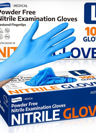 Supmedic Medical Nitrile Exam Gloves, Latex-Free, Powder-Free, Food Safe, Cooking Food Prep, Disposable Gloves, Blue, 100 Pcs (Large)