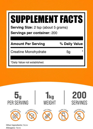 BulkSupplements.com Creatine Monohydrate Powder   Micronized Creatine Powder, Unflavored   Pure & Gluten Free, 5g (5000mg) per Servings, 1kg (2.2 lbs) (Pack of 1)