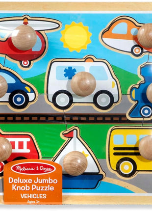 Melissa & Doug Vehicle Jumbo Knob Puzzle, Wooden Peg Puzzle for Toddlers, Educational Toy for Shape Recognition and Fine Motor Skills, Ages 1+