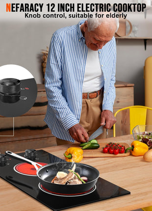 2 Burner Electric Cooktop 110V, 12 Inch Electric Cook Top Plug in, 2000W Electrics Stove with Knob Control, Countertop & Built-in Ceramic Stovetop, 9 Heating Level, Residual Heat Indicator