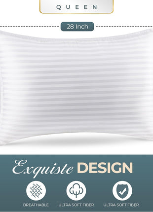 Utopia Bedding Hotel Bed Pillows for Sleeping, Pillows Queen Size Set of 2 | Down alternative pillows, cooling hotel quality, luxury comfort for back, side & stomach sleepers, Premium Stripes, White