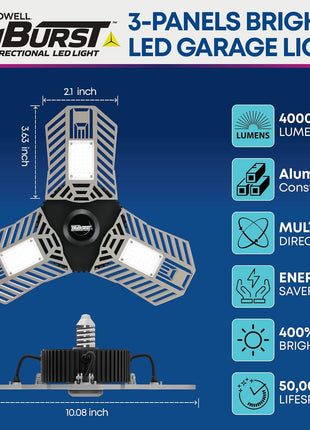 Bell+Howell TRIBURST Aluminum LED Socket Ceiling Light Bulbs 60W 4000 LM 6500K – 3 Deformable Panels LED Shop Light Fixture for Indoor, Bedroom, Living Room, Garage Lights, Home Improvement, E26 / E27