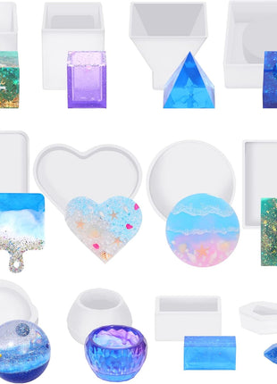 KISREL Resin Molds Kit 12PCS, Epoxy Resin Silicone Molds, Resin Mold Including Cube, Pen Container, Pyramid, Tray, Love, Round, Square, Ball, Flowerpot, Cuboid, Crystal