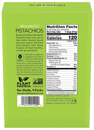 Wonderful Pistachios No Shells, Roasted & Salted Nuts, 0.75 Oz (Pack of 9) | Protein Snacks, Gluten Free, On-the-Go, Salty Individually Wrapped Snacks, Savory, Office Snacks, Lunch, Travel, Airplane