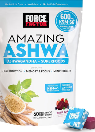 Force Factor Amazing Ashwa, Ashwagandha Supplement for Stress Relief | Memory, Focus, and Immune Support Health with KSM-66 Ashwagandha for Stress, 60 Soft Chews