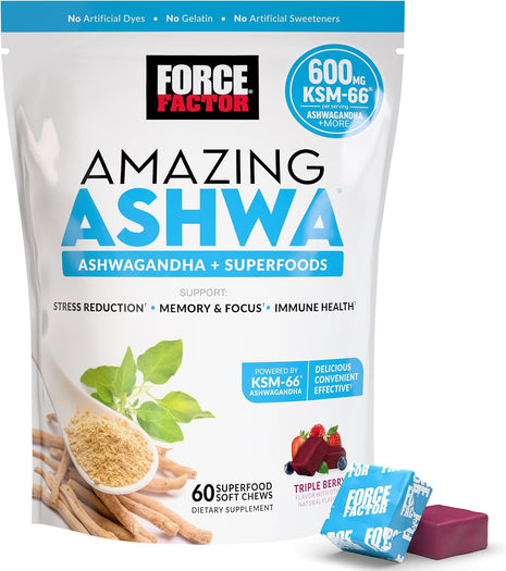 Force Factor Amazing Ashwa, Ashwagandha Supplement for Stress Relief | Memory, Focus, and Immune Support Health with KSM-66 Ashwagandha for Stress, 60 Soft Chews