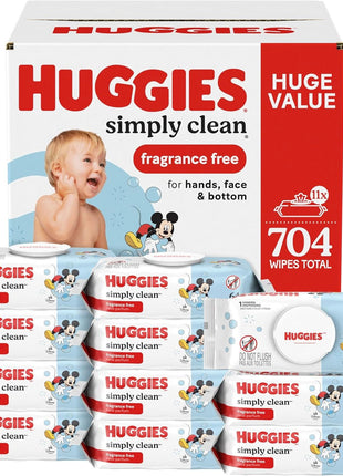 Huggies Simply Clean Unscented Baby Diaper Wipes, 11 Flip-Top Packs (704 Wipes Total), Packaging May Vary